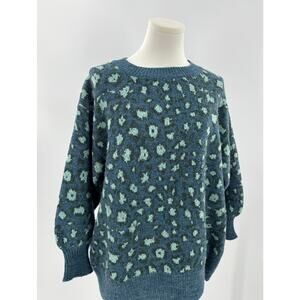 Farm Rio Leopard Sweater Teal Blue Animal Print Knit Animal Print XS Oversized
